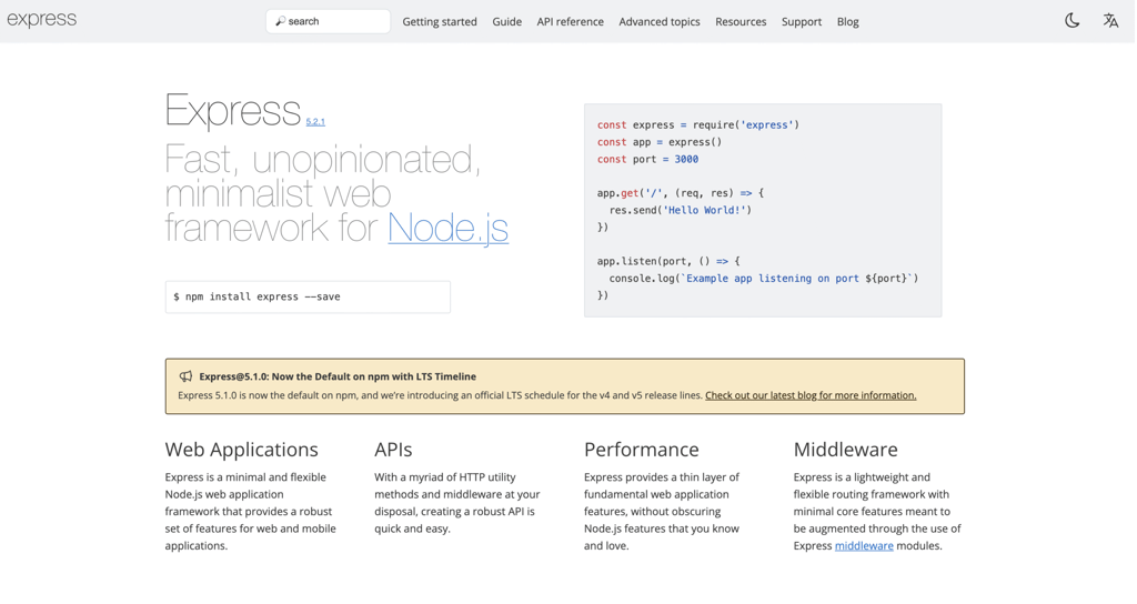 Express.js homepage highlighting its minimalist web framework for Node.js with a sample "Hello World" code snippet and key features.