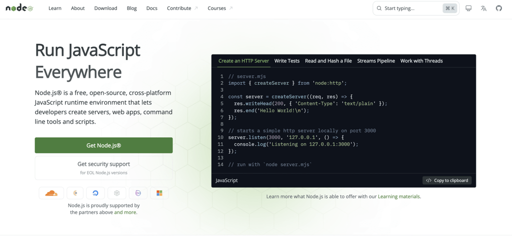 Node.js homepage showcasing JavaScript server code example and buttons to get Node.js and security support.