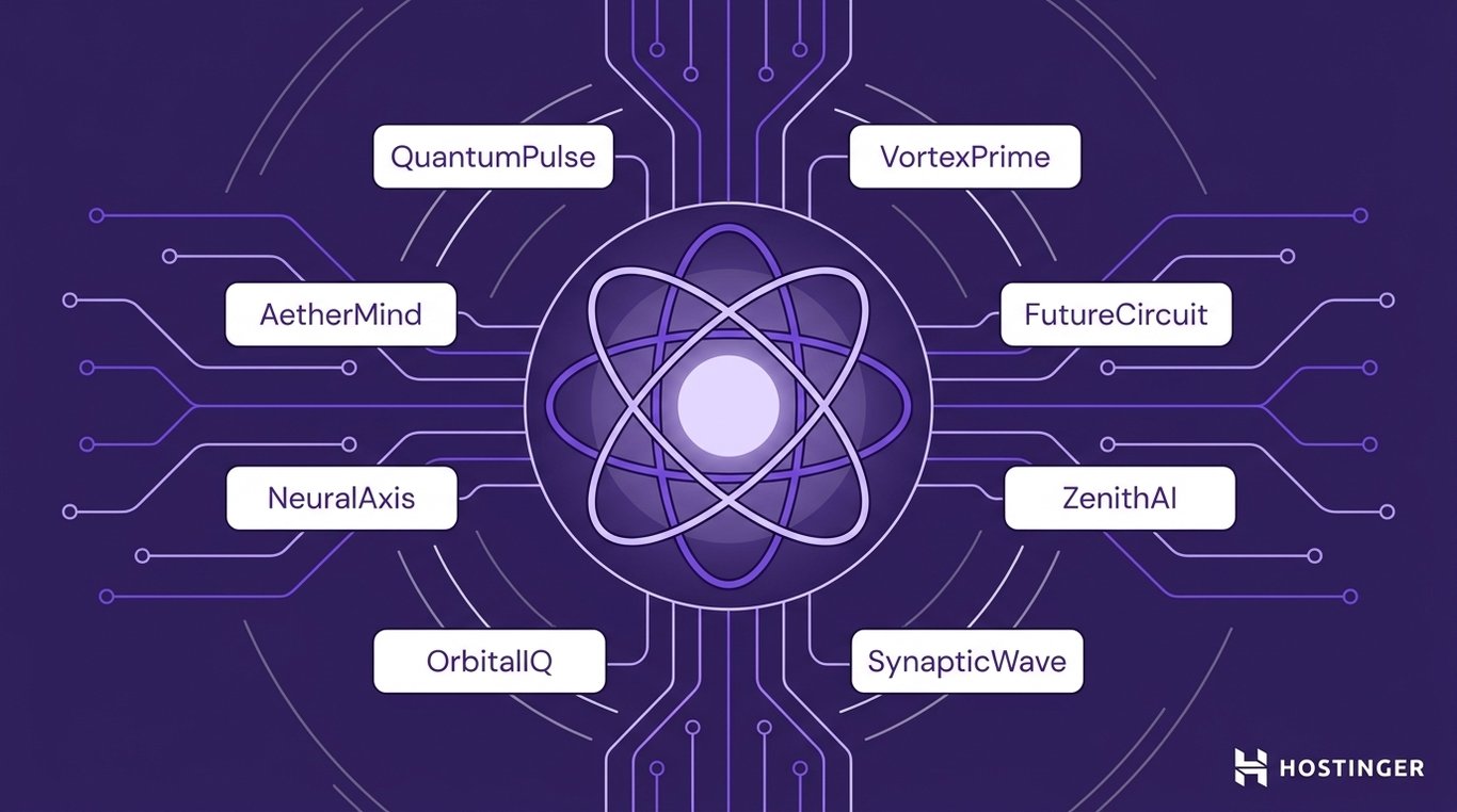 Illustration of an atom symbol with eight connected AI and tech ai startup brand name ideas on a purple circuit board background.