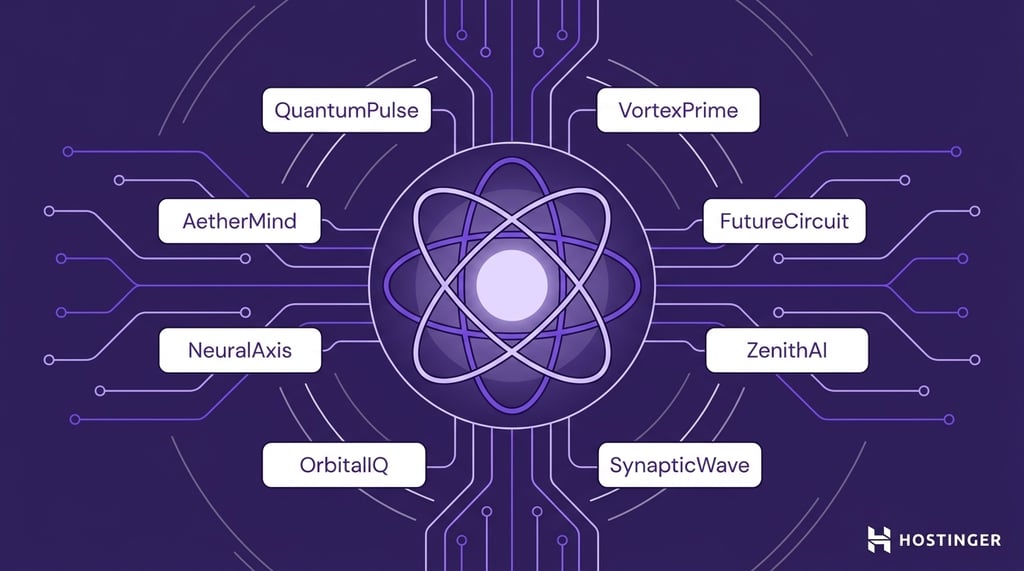 Illustration of an atom symbol with eight connected AI and tech ai startup brand name ideas on a purple circuit board background.