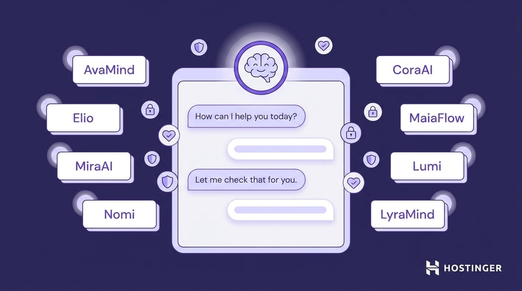 Chat interface with AI assistant icons and names like AvaMind, Elio, MiraAI, Nomi, CoraAI, MaiaFlow, Lumi, and LyraMind on dark background.