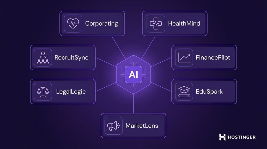 central AI node connects to seven labeled nodes: Corporating, HealthMind, FinancePilot, EduSpark, MarketLens, LegalLogic, RecruitSync.