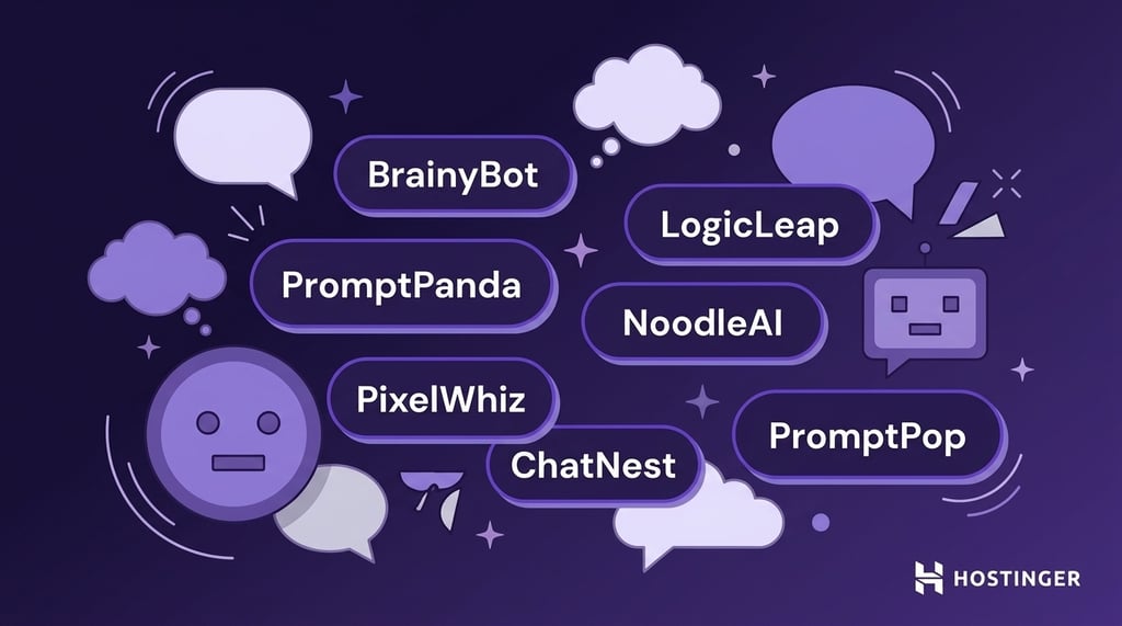 Abstract purple background with speech bubbles and icons displaying names like "BrainyBot" and "PromptPanda." Hostinger logo in the corner.