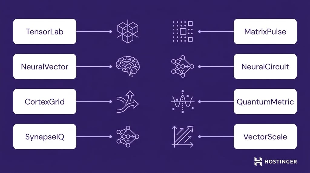 Diagram showing pairs of AI-themed names with related icons, including TensorLab, MatrixPulse, NeuralVector, NeuralCircuit, CortexGrid, QuantumMetric, SynapseIQ, and VectorScale.