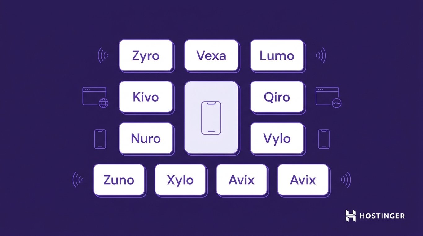 Diagram showing 12 unique domain name ideas arranged around a smartphone icon, with a Hostinger logo on a dark purple background.