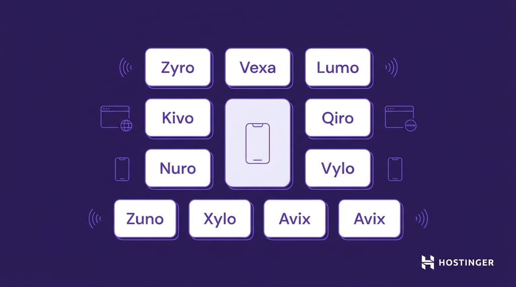 Diagram showing 12 unique domain name ideas arranged around a smartphone icon, with a Hostinger logo on a dark purple background.