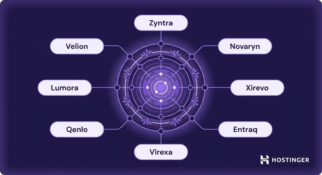 Circular diagram with a central hub connecting to eight nodes labeled: Zyntra, Novaryn, Xirevo, Entraq, Virexa, Qenlo, Lumora, and Velion. Hostinger logo bottom right.