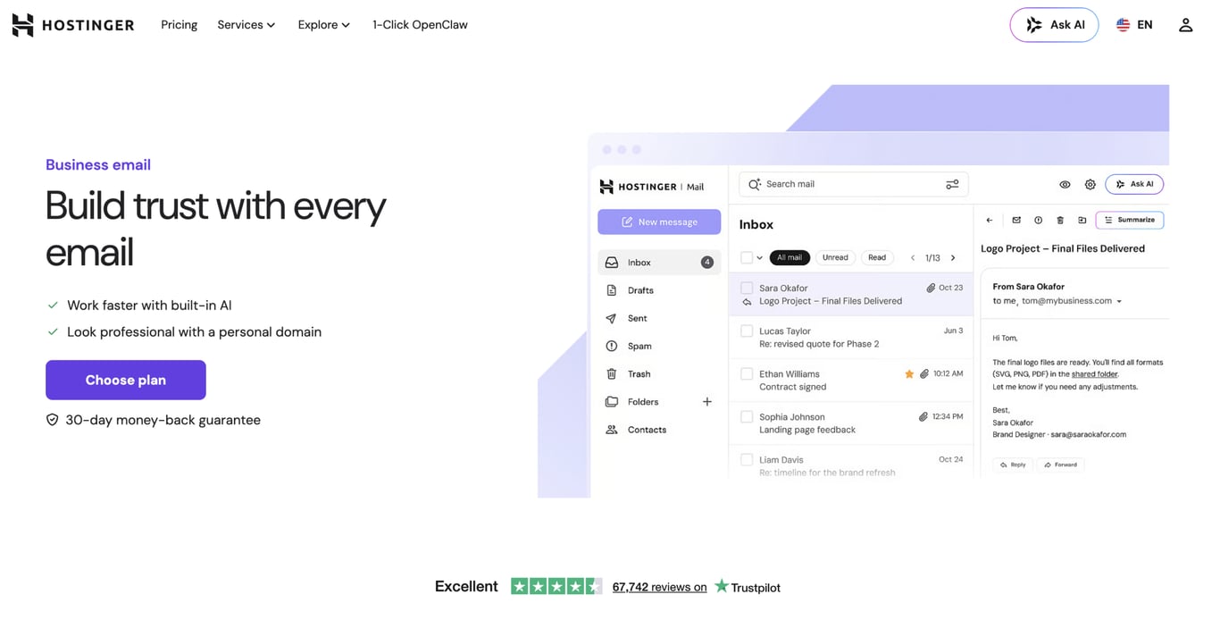 Hostinger email service interface promoting AI-powered business email with personal domain and 30-day money-back guarantee.