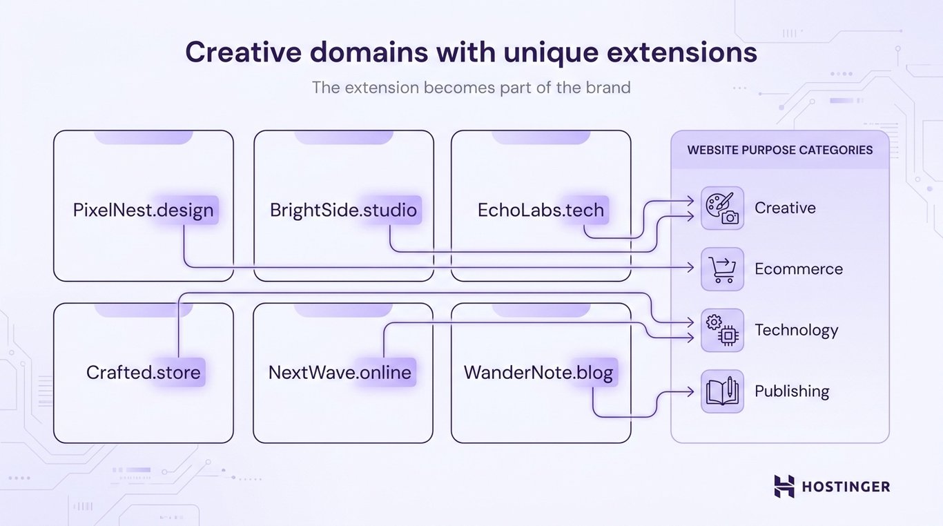 Diagram showing creative domain names with unique extensions linked to website categories such as creative work, ecommerce, technology, and publishing.