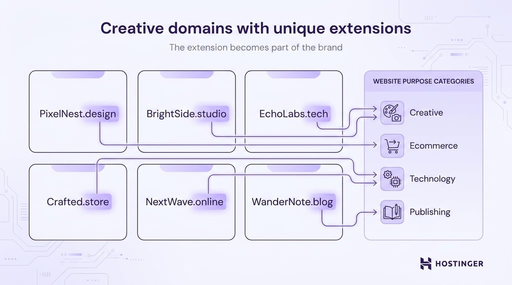 Diagram showing creative domain names with unique extensions linked to website categories such as creative work, ecommerce, technology, and publishing.