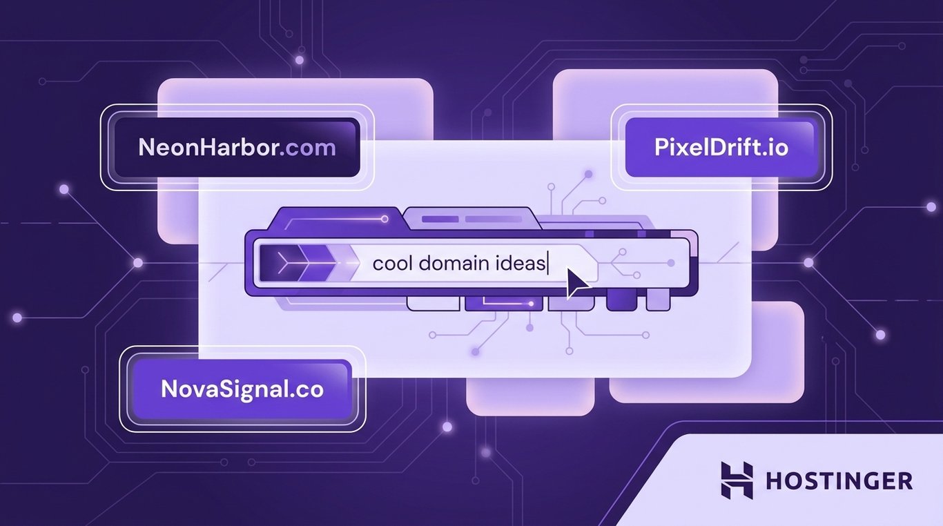 technical illustration showing cool domain name ideas. Stylized domain address bar as the central element, surrounded by floating panels with example domain names. Deep purple background with subtle circuit trace patterns and network node connectors.