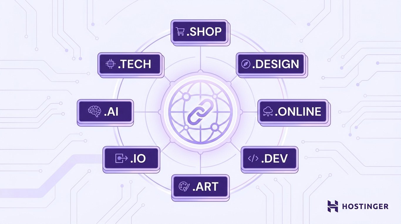 illustration showing a structured grid of stylized domain extension badges (.shop, .tech, .design, .ai, .online, .dev, .io, .art) connected by network lines on a pale lavender-to-white background with subtle circuit trace patterns, representing the concept of alternative domain extensions for different website categories.