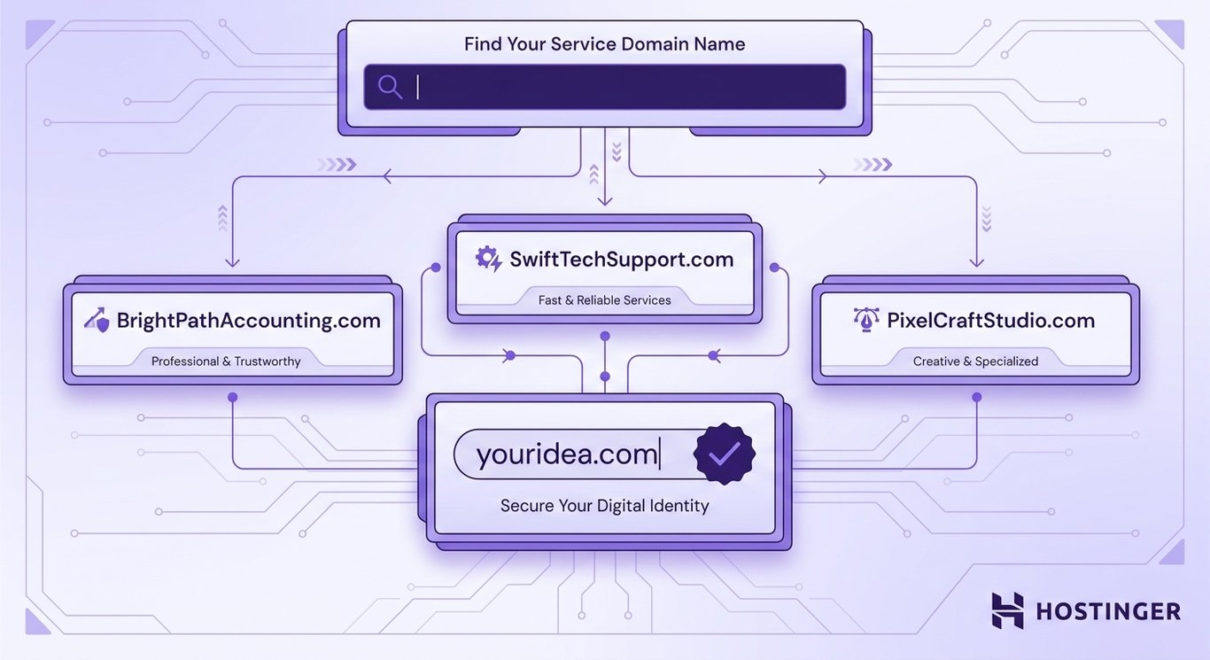 illustration showing a stylized domain name search interface with modular UI panels displaying example service business domain names arranged in a structured grid, connected by directional flow lines on a pale lavender-to-white technical background with subtle circuit-trace network patterns.
