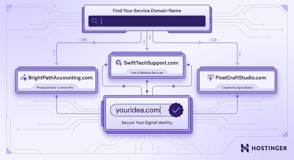 illustration showing a stylized domain name search interface with modular UI panels displaying example service business domain names arranged in a structured grid, connected by directional flow lines on a pale lavender-to-white technical background with subtle circuit-trace network patterns.