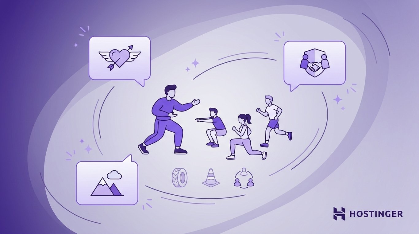 Fitness coach training a small group with icons representing teamwork, motivation, outdoor activities, and coaching support.