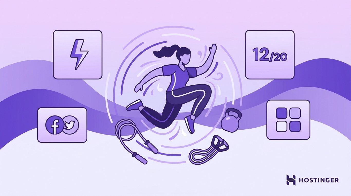 Woman jumping with fitness equipment around her and icons showing energy, social media, workout tracking, and exercise apps.