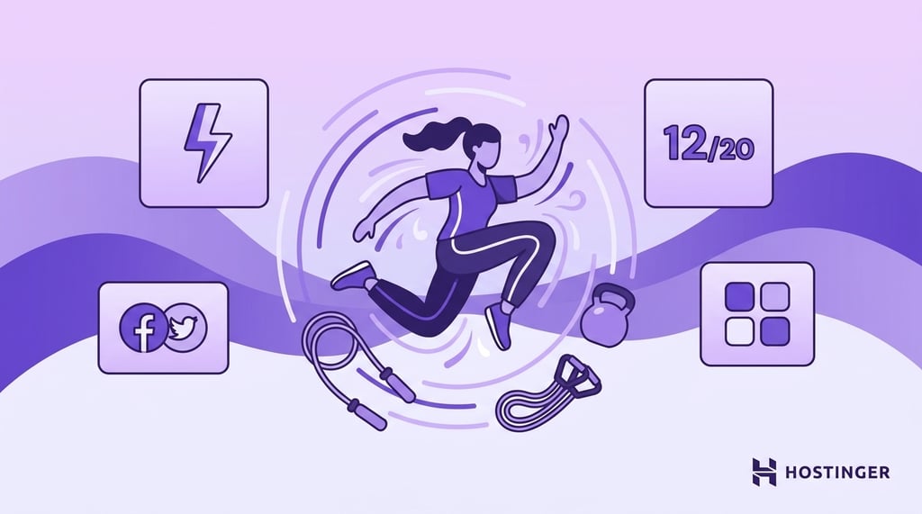 Woman jumping with fitness equipment around her and icons showing energy, social media, workout tracking, and exercise apps.