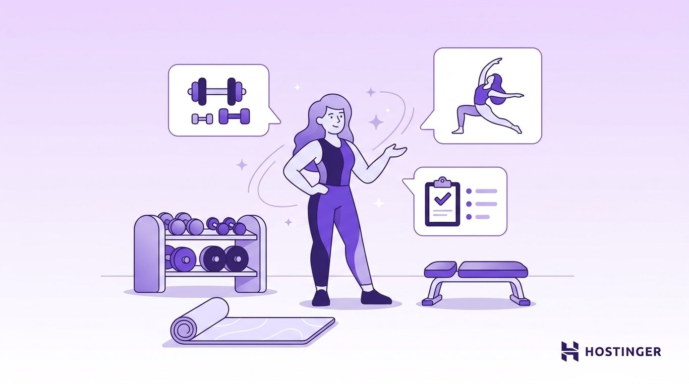 Woman standing in a gym beside workout equipment with icons for strength training, yoga, and fitness planning.