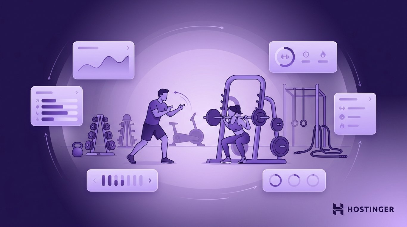 Personal trainer coaching a woman during a squat workout in a gym surrounded by fitness tracking and performance analytics interface elements.