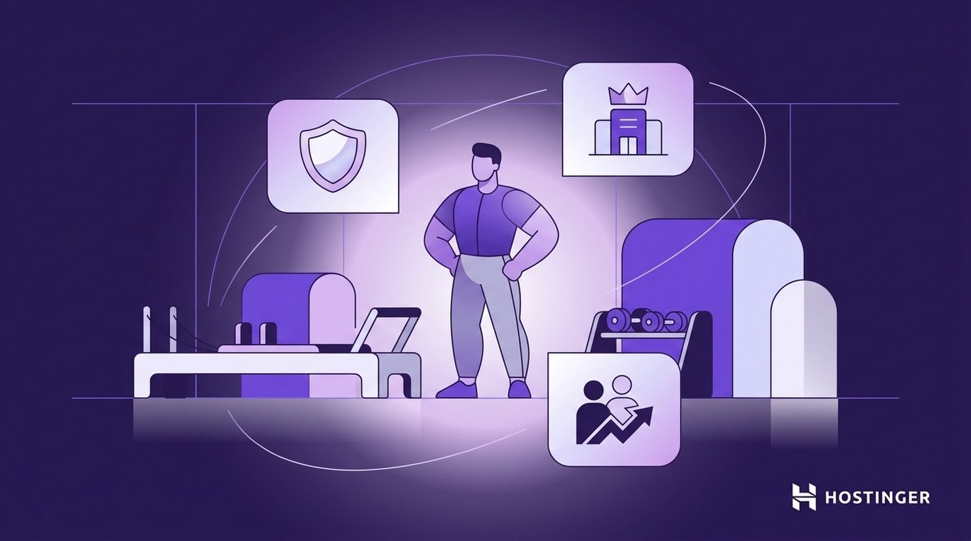 Man standing in a modern gym with icons representing security, premium fitness services, and performance growth.