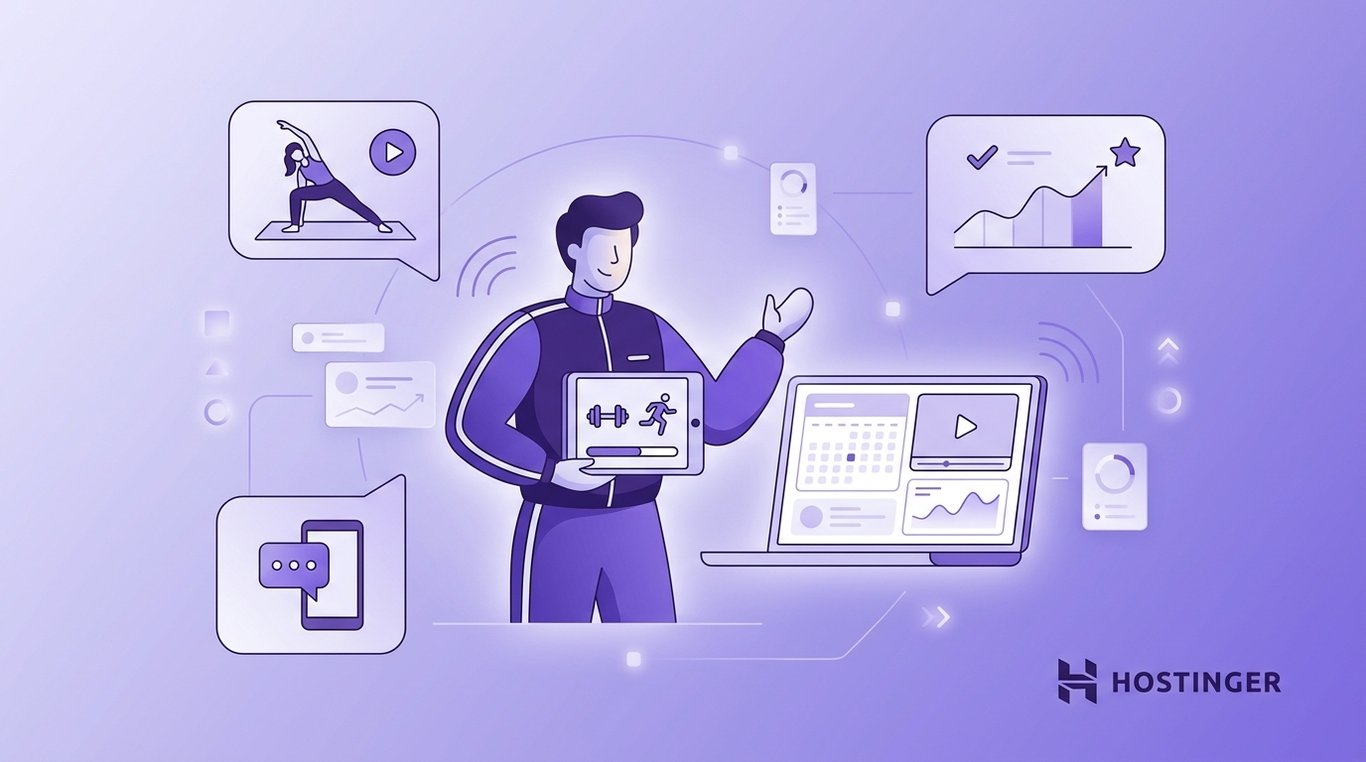 Fitness coach holding a tablet beside a laptop dashboard with icons for workout videos, analytics, messaging, and online training.