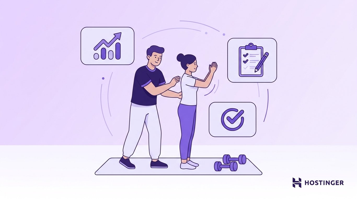 Personal trainer helping a client exercise with icons representing progress tracking, workout plans, and fitness goals.