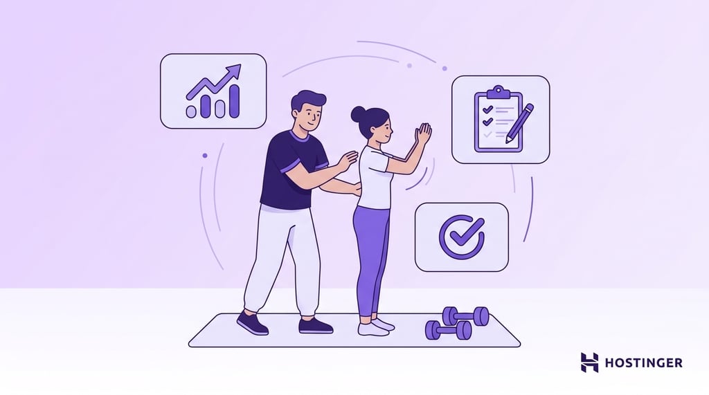 Personal trainer helping a client exercise with icons representing progress tracking, workout plans, and fitness goals.