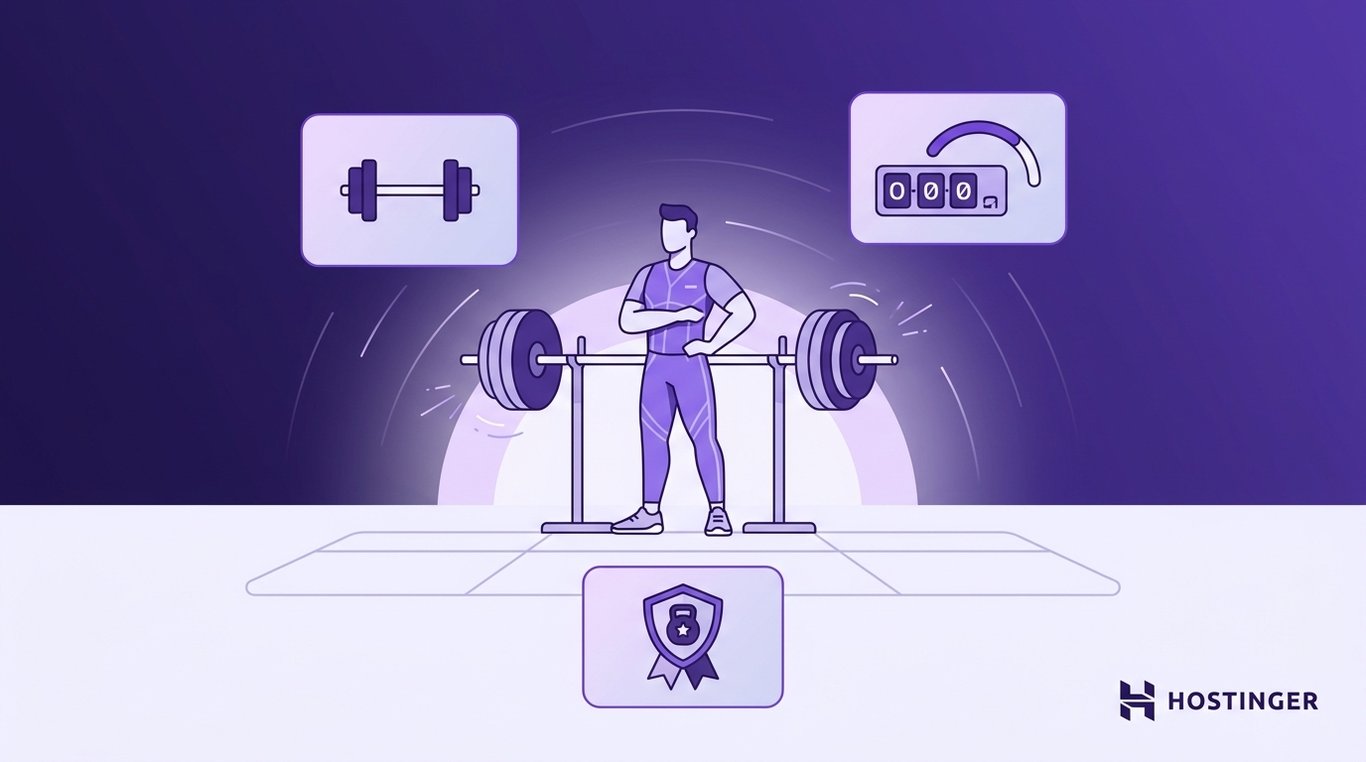 Man standing beside a heavily loaded barbell with icons representing strength training, performance tracking, and fitness achievements.
