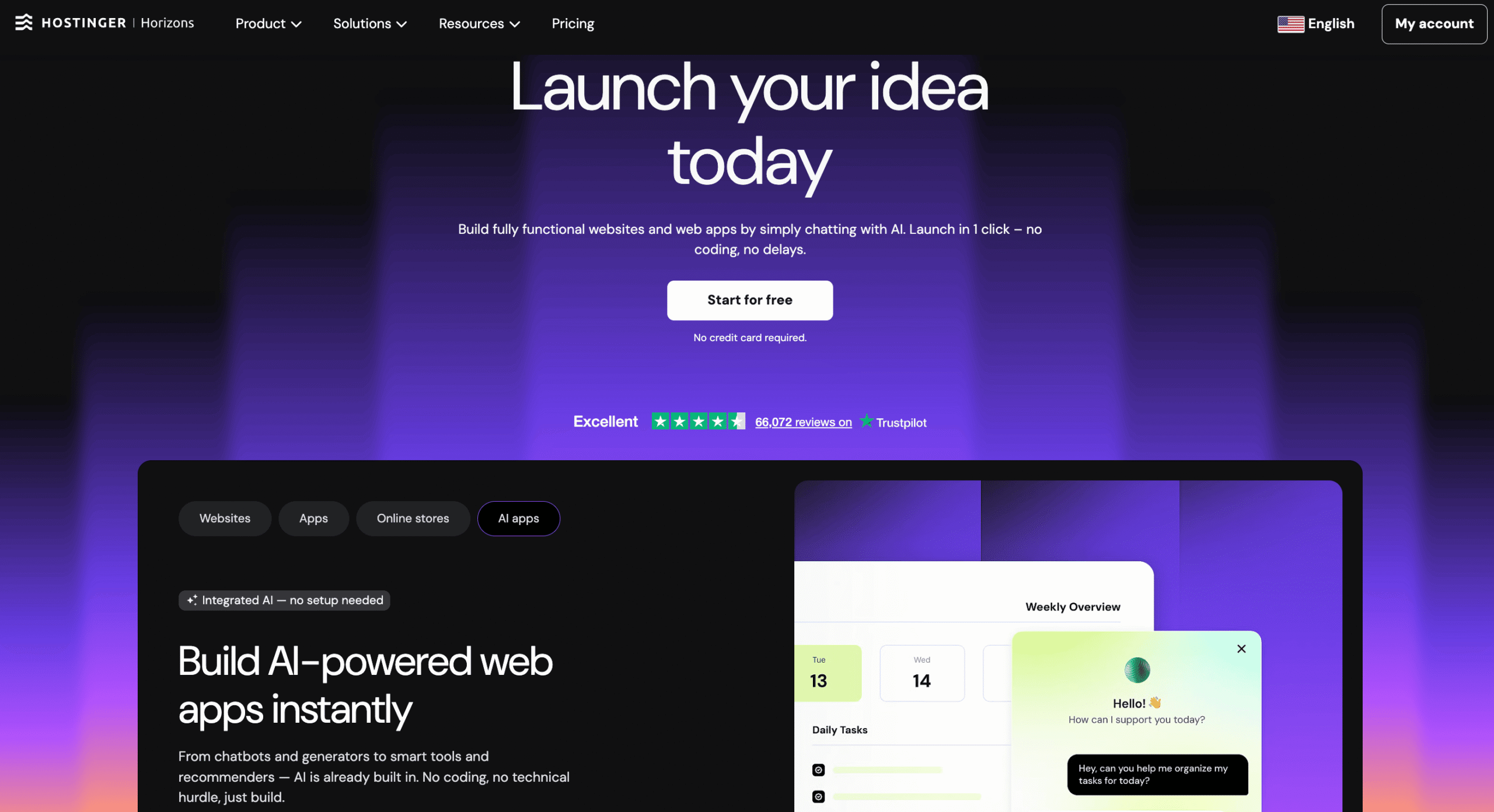 Landing page of Hostinger Horizons