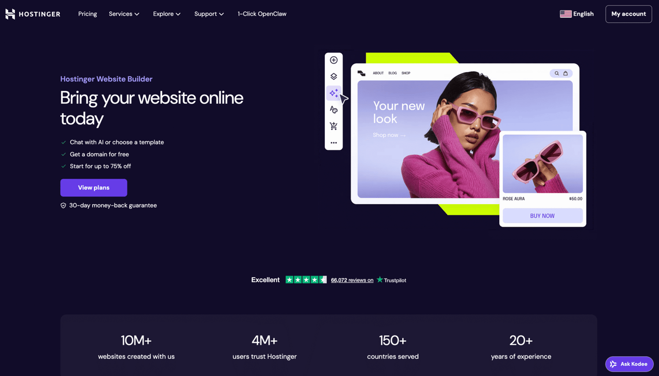Landing page of Hostinger Website Builder