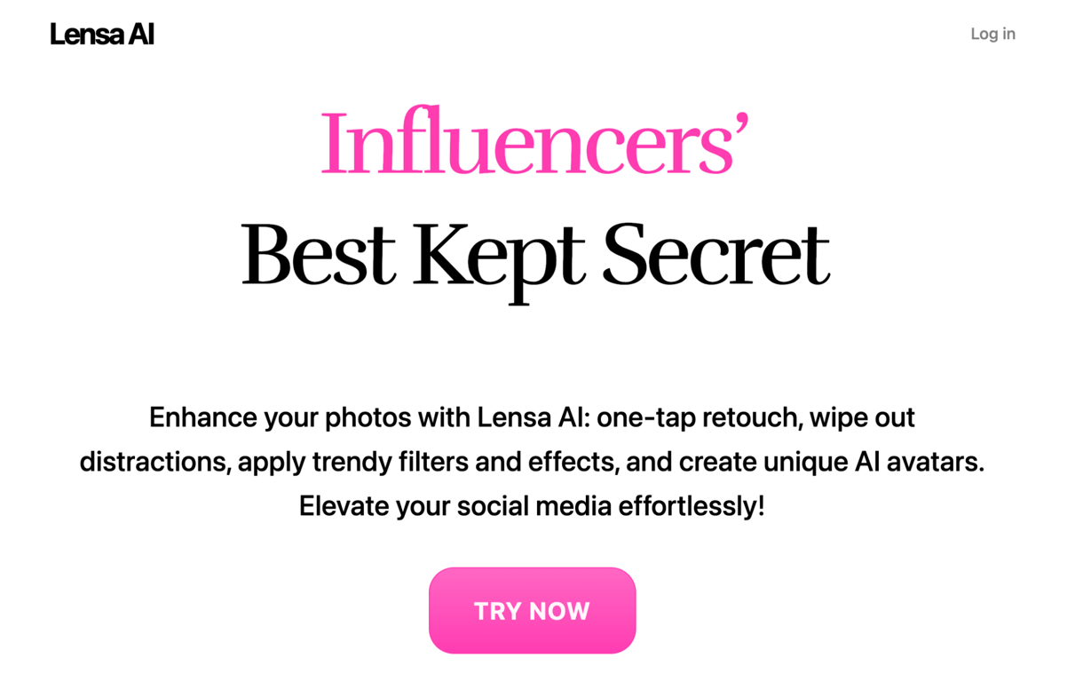 Lensa AI homepage promoting one-tap portrait retouching and AI avatar creation for social media
