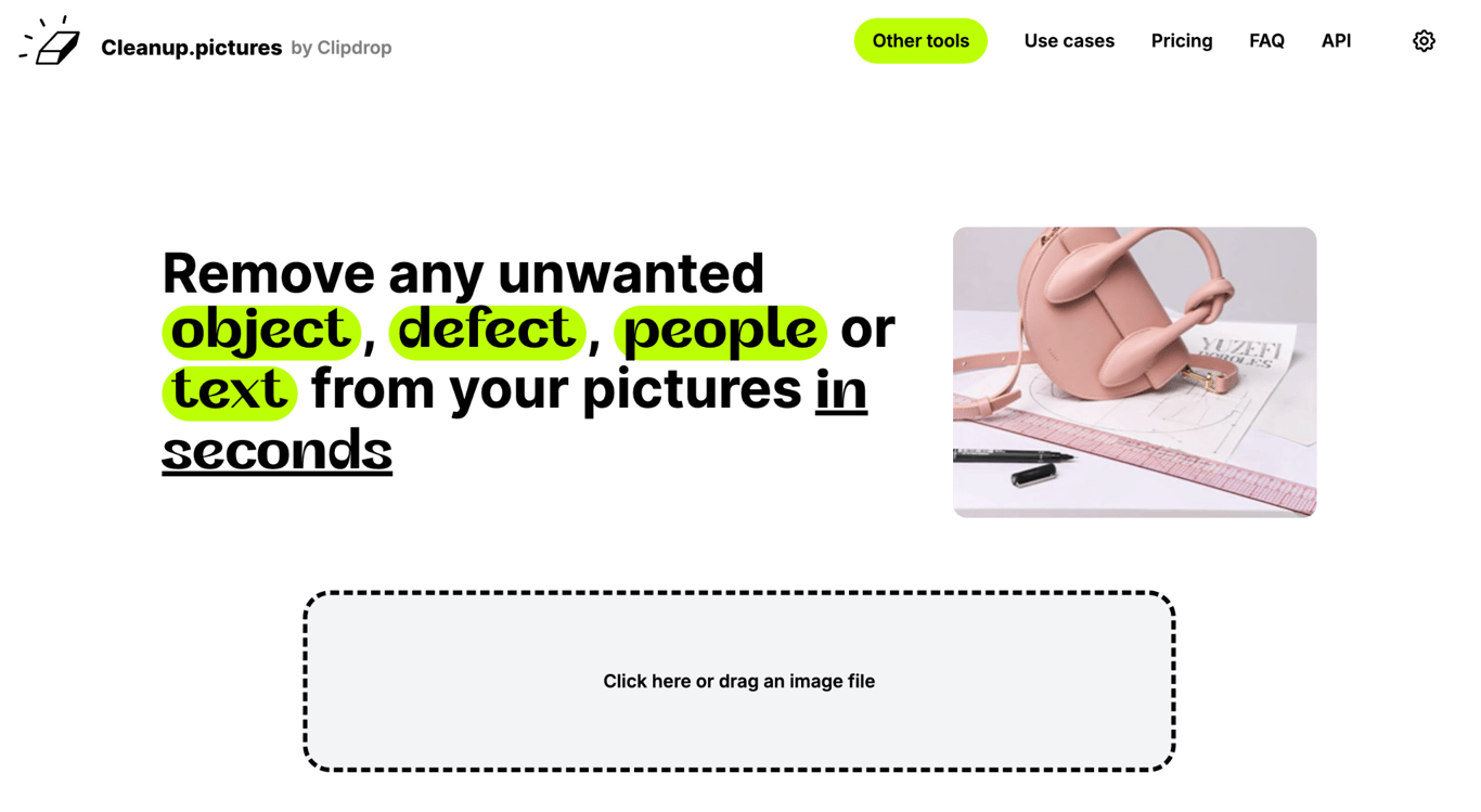 Cleanup.pictures homepage showing the object removal tool interface with an upload area
