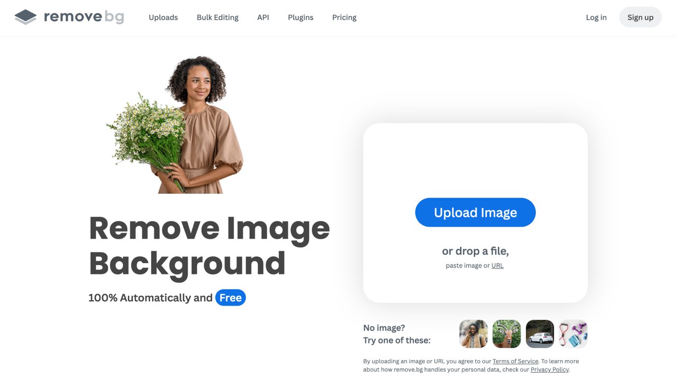 remove.bg homepage with an automatic background removal tool and a free image upload interface