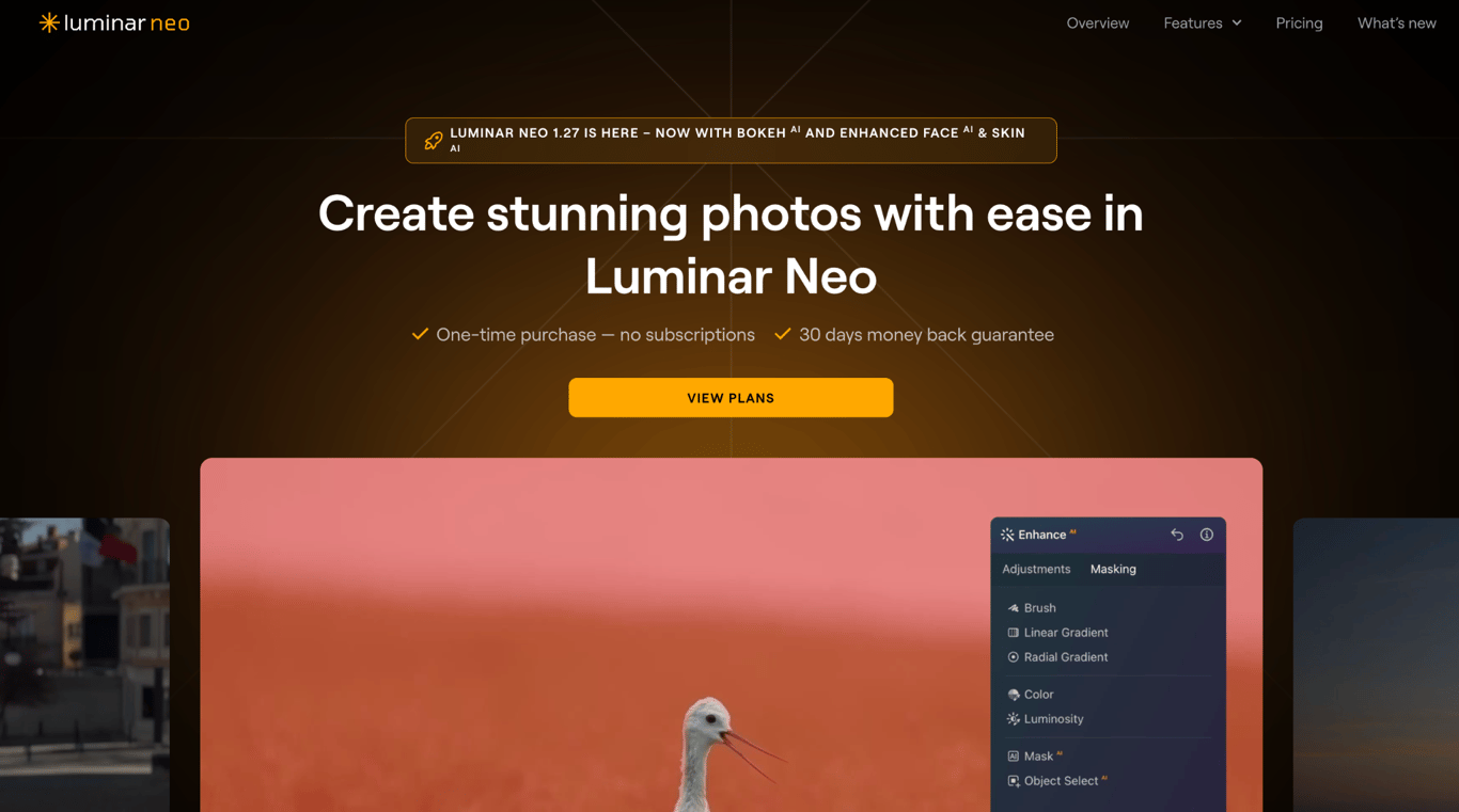 Luminar Neo homepage highlighting one-time purchase pricing and the AI masking panel in the editor