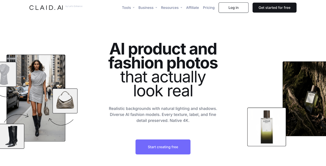 Claid.ai homepage promoting AI product and fashion photo editing with background replacement examples