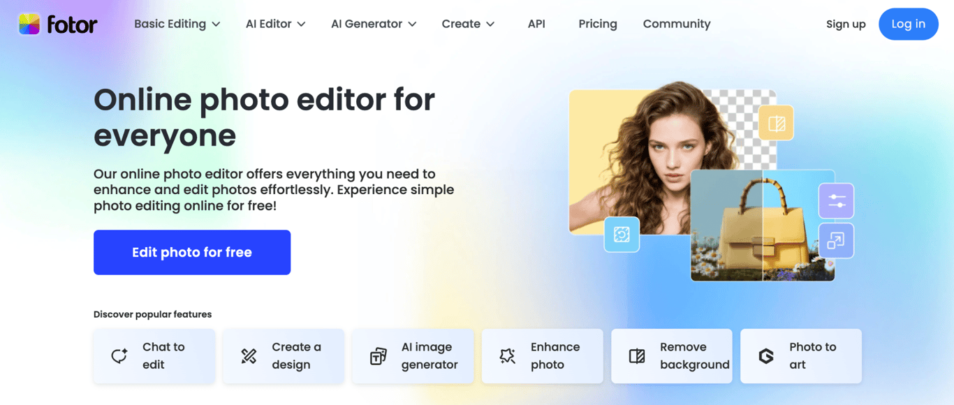 Fotor homepage showing the online photo editor interface with AI editing and background removal tools