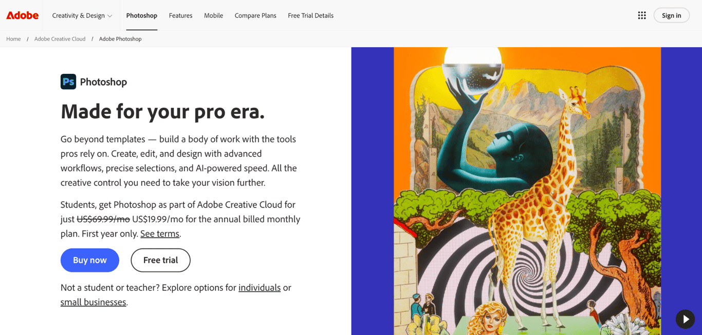 Adobe Photoshop homepage showing the product tagline and pricing options for individuals and students