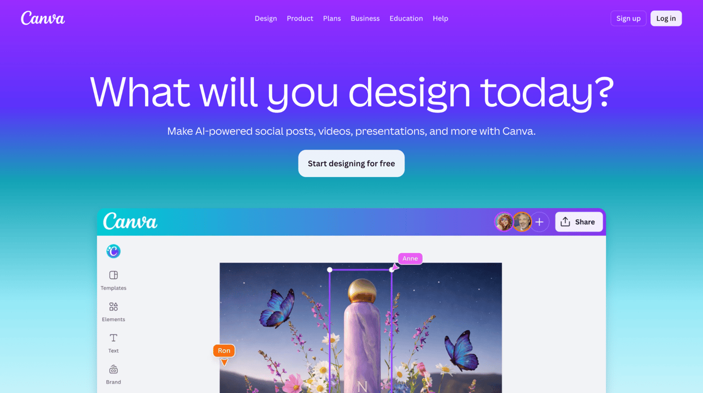 Canva homepage with the design editor open showing a collaborative session with two active users