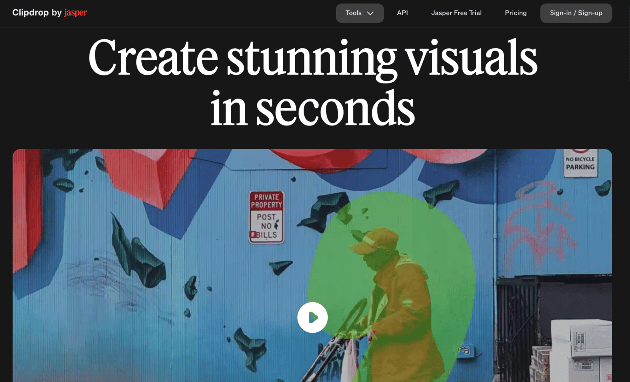 Clipdrop by Jasper homepage with a background removal demonstration on a street mural photo