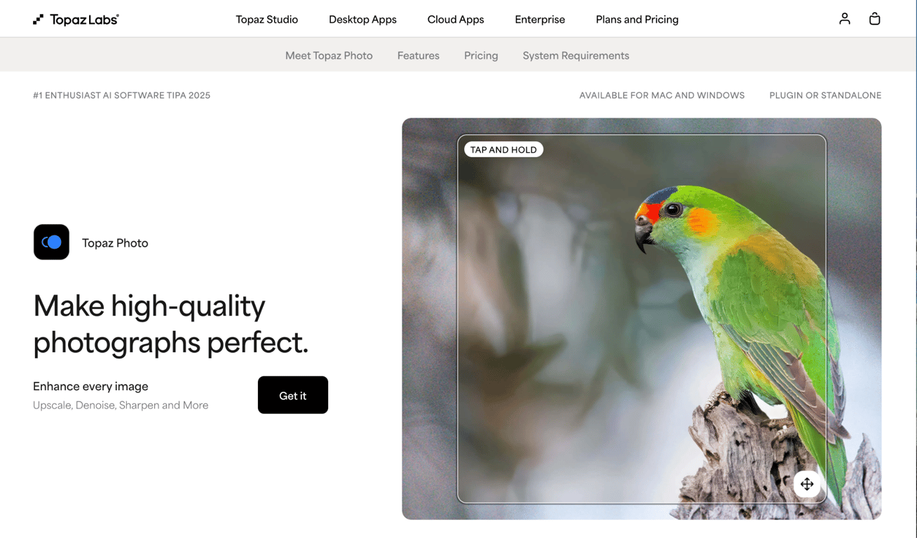 Topaz Photo product page on Topaz Labs showing upscaling and enhancement features for photographers