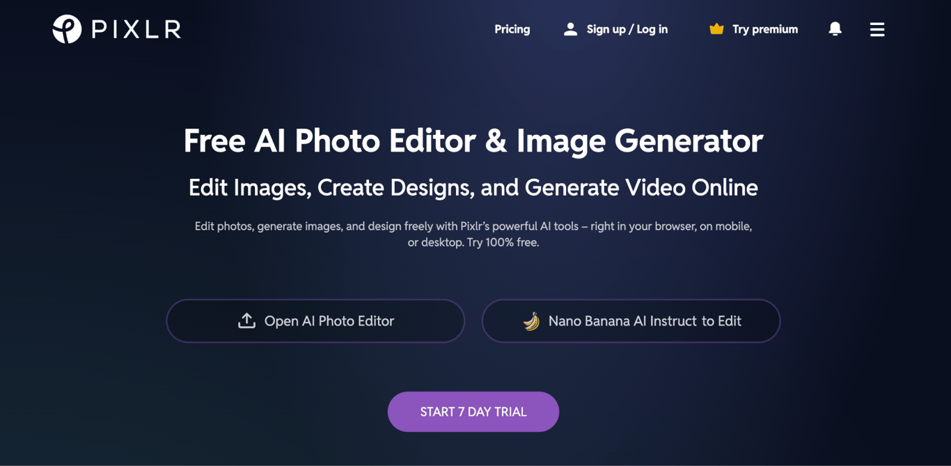 Pixlr homepage offering a free AI photo editor and image generator accessible in a web browser