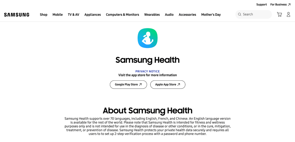 Homepage of Samsung Health