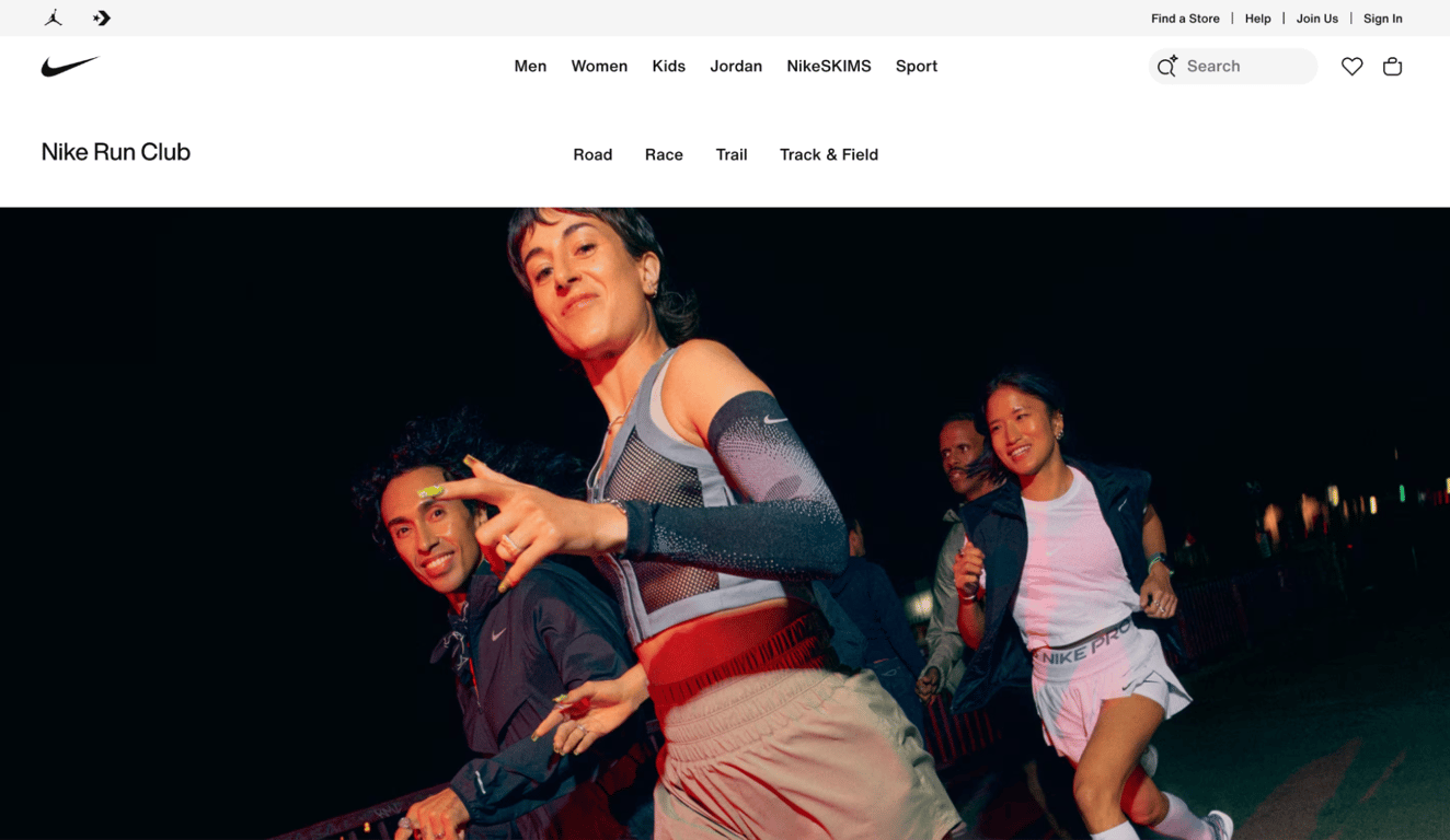 Homepage of Nike Run Club