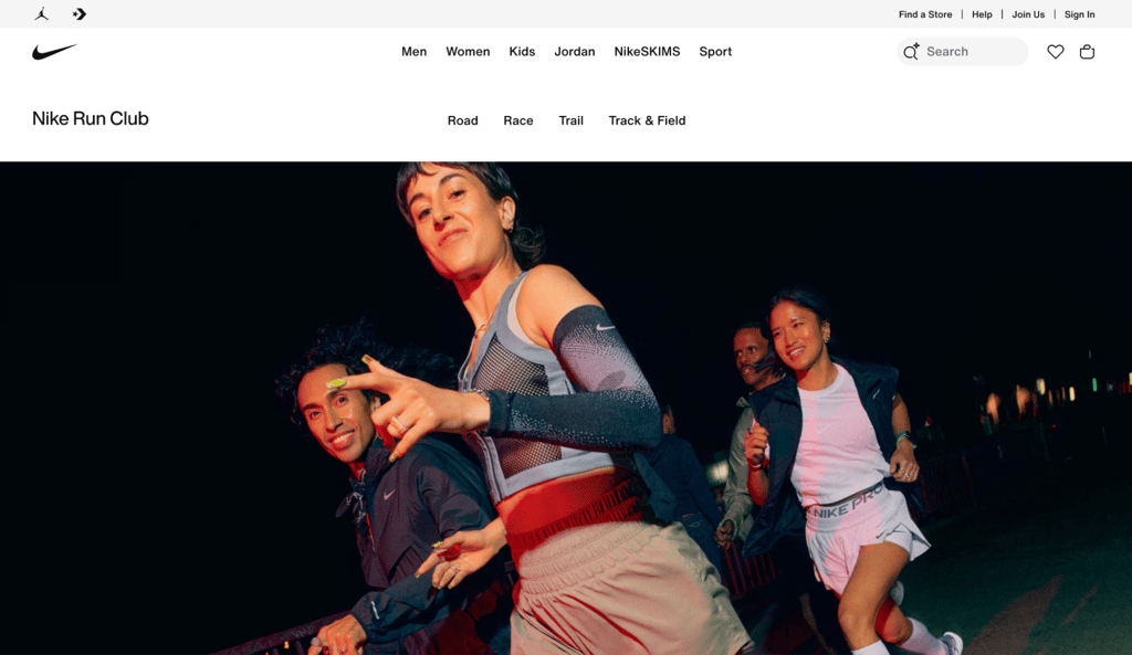 Homepage of Nike Run Club