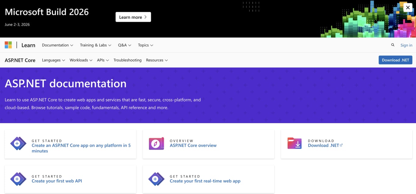 ASP.NET documentation page with a header for Microsoft Build 2026. Includes options for getting started on creating apps and web APIs.