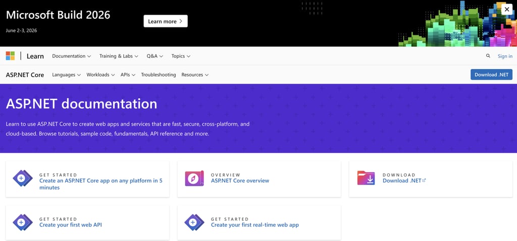 ASP.NET documentation page with a header for Microsoft Build 2026. Includes options for getting started on creating apps and web APIs.