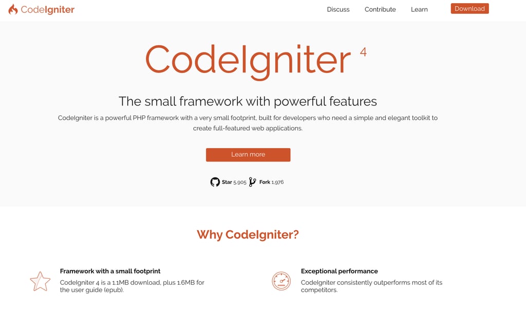 CodeIgniter 4 website page features a headline promoting the framework's simplicity and power. Includes a 'Learn more' button, star count, and fork count, highlighting its community support. Below, benefits like small footprint and exceptional performance are emphasized.