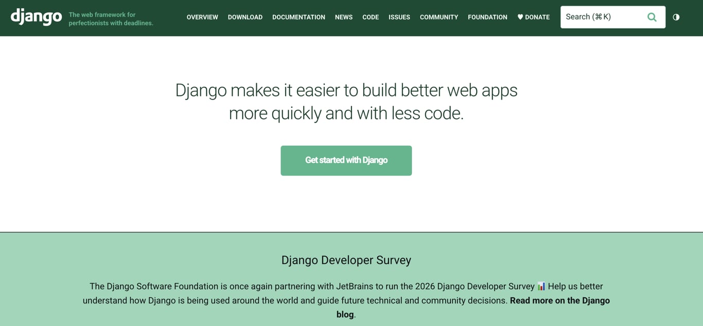 Django website homepage with navigation menu, main tagline about building web apps faster with less code, and a Django Developer Survey announcement.