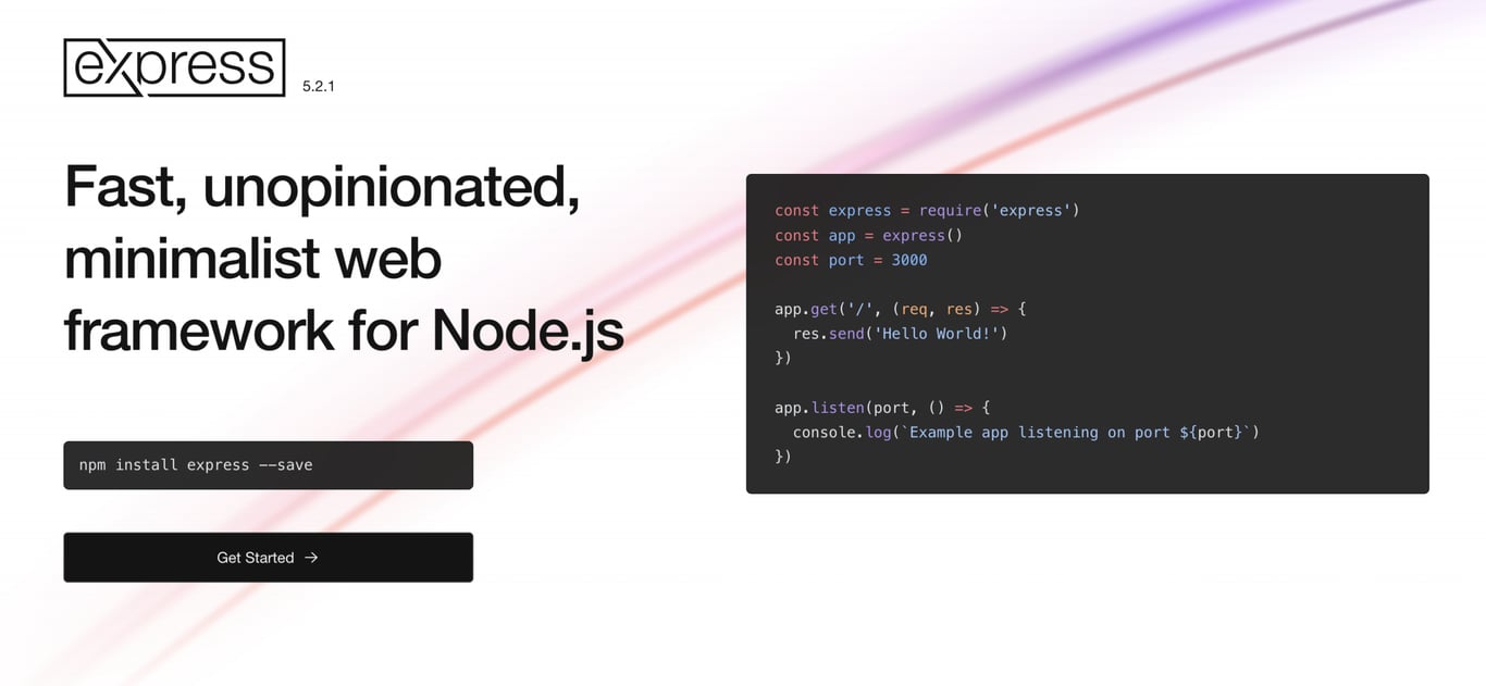 Express 5.2.1: Fast, minimalist Node.js web framework with sample code and npm install command shown on a light background.