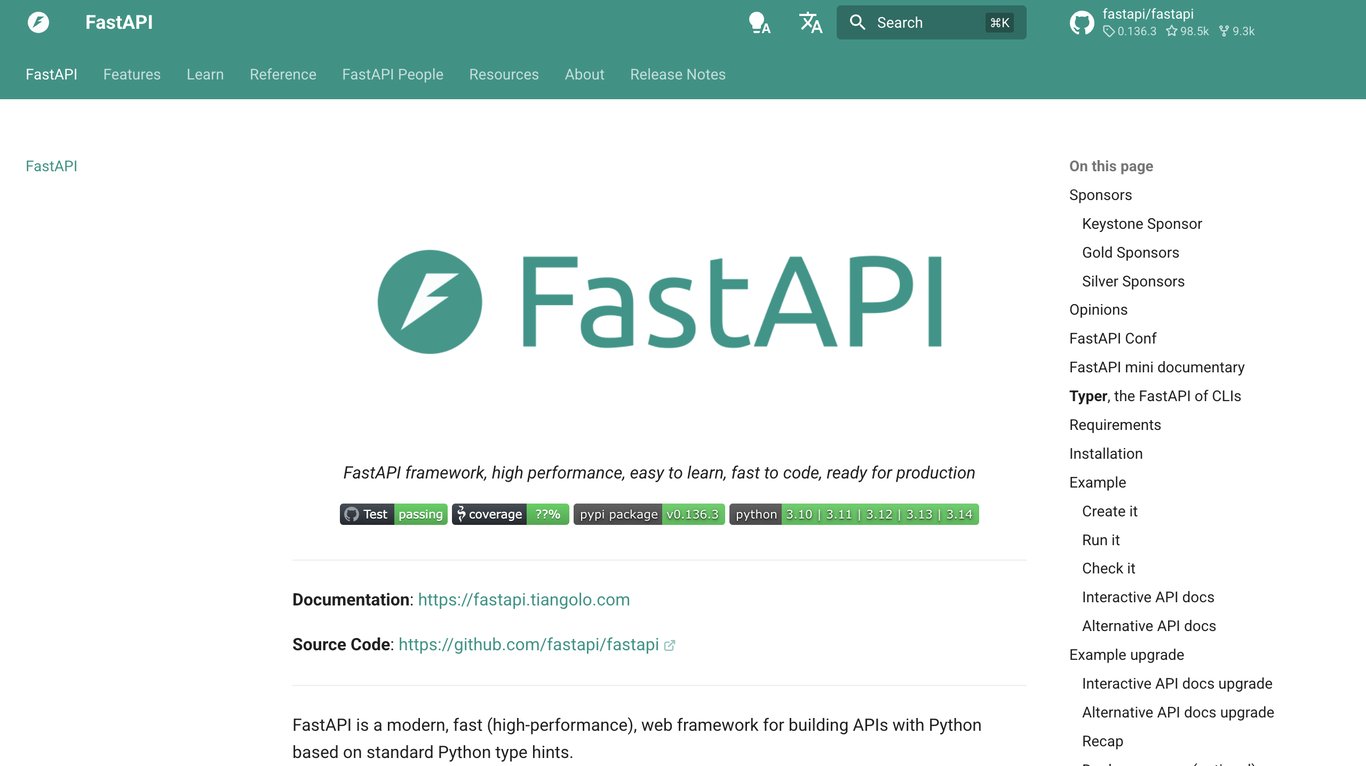 FastAPI website landing page with green header featuring navigation links. The FastAPI logo and name are prominent. Descriptive text highlights high performance and ease of use. Links to documentation and source code are present, with additional details about FastAPI's features and sponsors listed on the right sidebar.